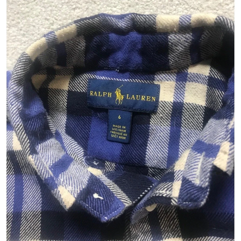 Ralph‎ Lauren Flannel Shirt Plaid Long Sleeve Button Down Blue Size 6